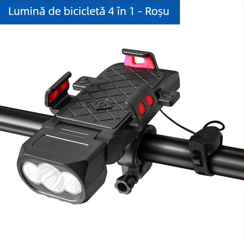 Far frontal pentru bicicletă cu baterie USB, suport pentru telefon, sonerie, lumină de avertizare și lumină spate, impermeabil pentru trasee montane