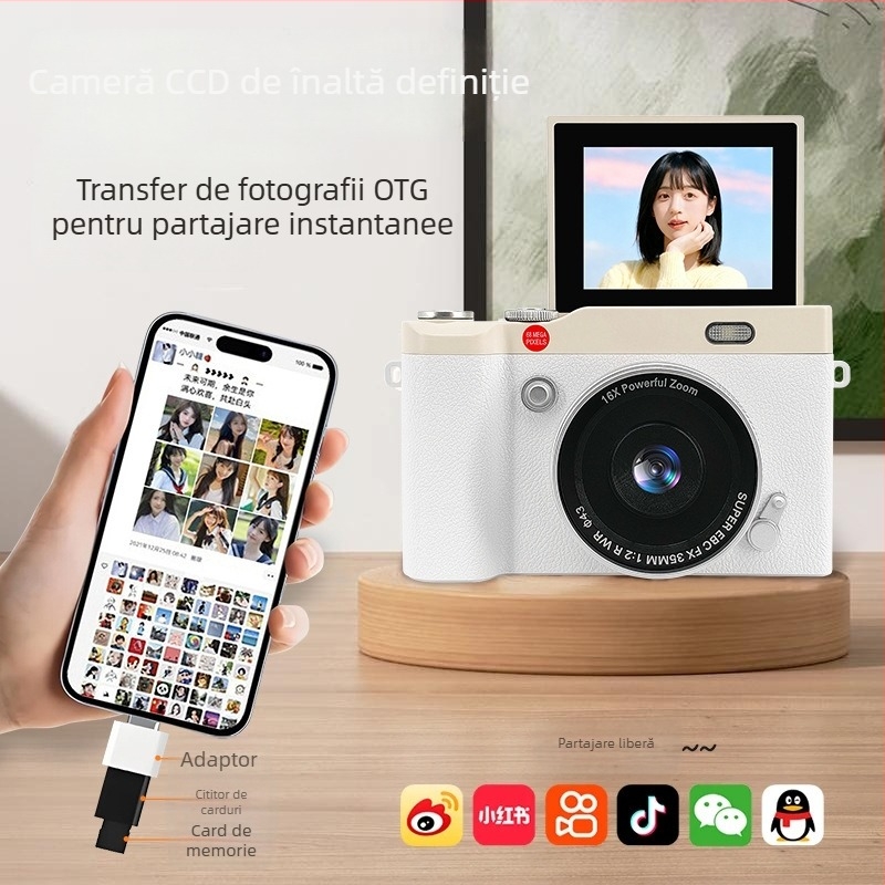 Cameră digitală pentru copii Y02, senzor CCD 68MP, zoom optic 16x, rezoluție maximă 1280×1024, ecran rotativ de 2,4 inch, stocare TF Card