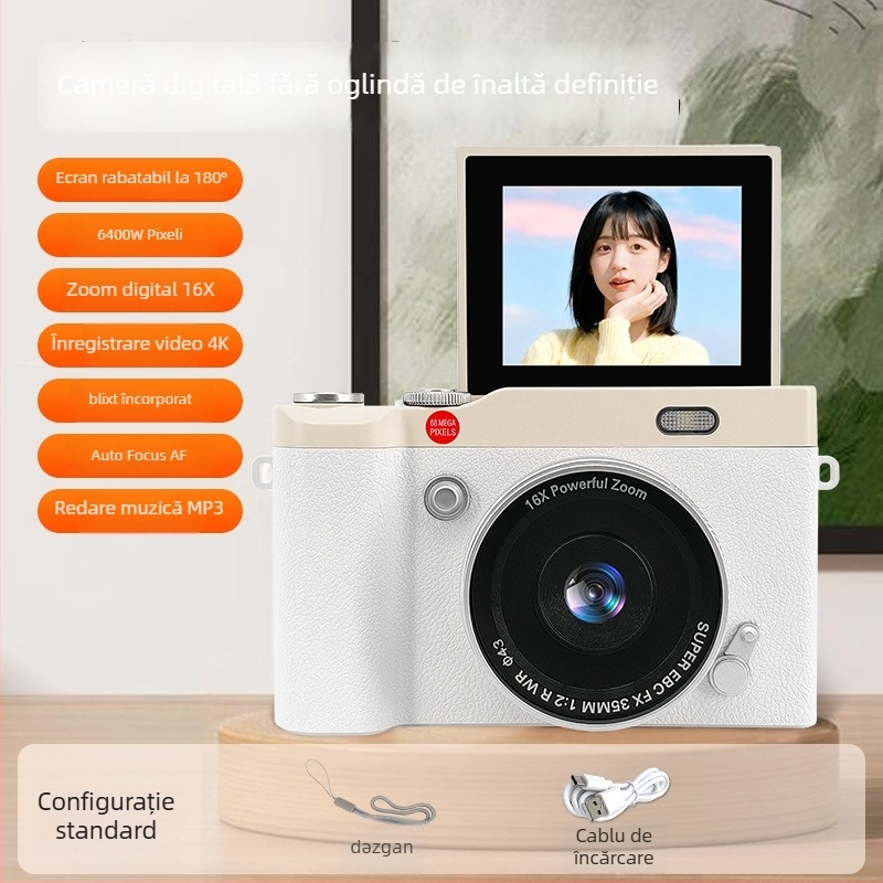 Cameră digitală pentru copii Y02, senzor CCD 68MP, zoom optic 16x, rezoluție maximă 1280×1024, ecran rotativ de 2,4 inch, stocare TF Card