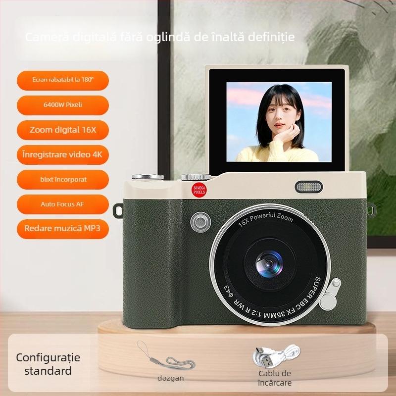 Cameră digitală pentru copii Y02, senzor CCD 68MP, zoom optic 16x, rezoluție maximă 1280×1024, ecran rotativ de 2,4 inch, stocare TF Card