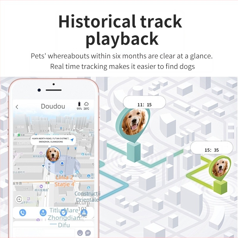 Tracker GPS pentru animale de companie (pisici și câini) – poziționare GPS/BDS, precizie 10–50 m, alarmă de perimetru, IP67 impermeabil, suport hărți Baidu/Google