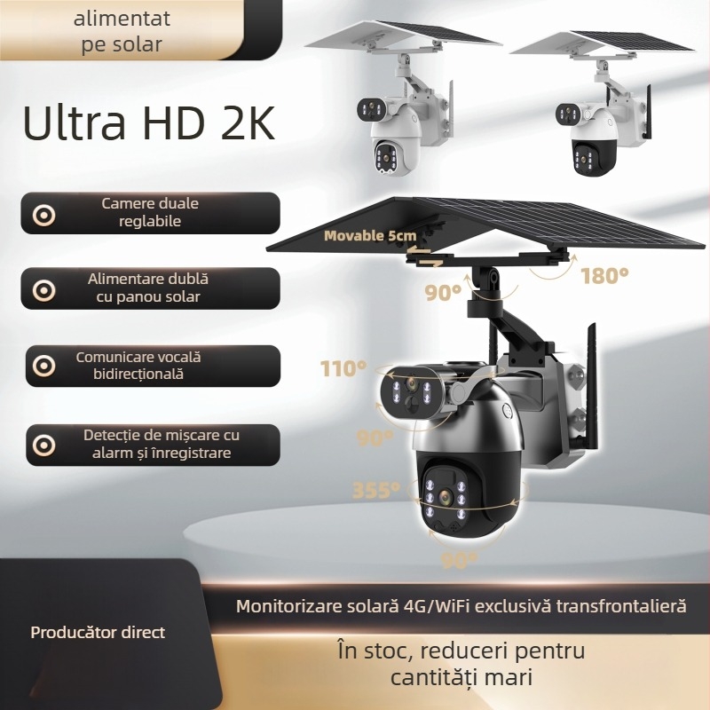 Cameră de supraveghere solară cu două lentile — iluminare minimă 0.001 lux, interval de operare -20°C până la 60°C, alimentare 5V, pentru exterior