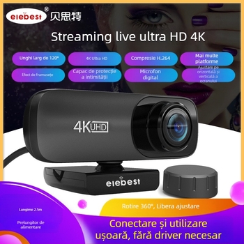 Webcam HD 4K (3840x2160) USB 2.0 Plug-and-Play cu microfon încorporat, focalizare fixă
