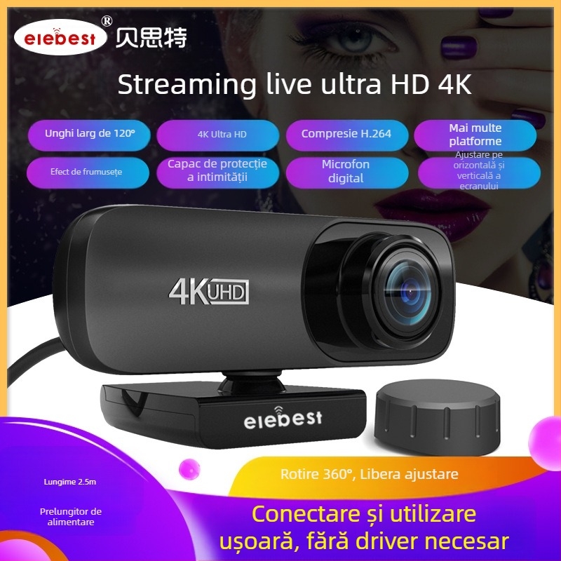 Webcam HD 4K (3840x2160) USB 2.0 Plug-and-Play cu microfon încorporat, focalizare fixă