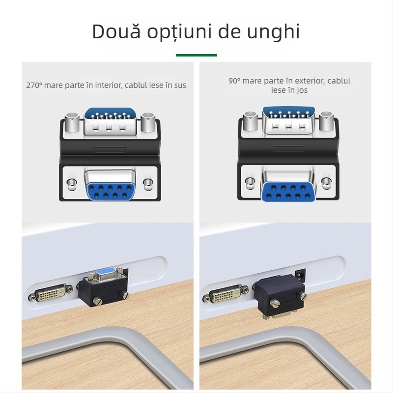 Adaptor DB9 cu conectori multipli: masculin-masculin-feminin-feminin-masculin, unghi drept de 270°, protocol RS232, compatibil Windows 7+ pentru laptopuri și PC-uri