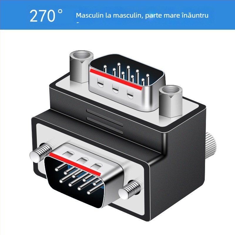 Adaptor DB9 cu conectori multipli: masculin-masculin-feminin-feminin-masculin, unghi drept de 270°, protocol RS232, compatibil Windows 7+ pentru laptopuri și PC-uri