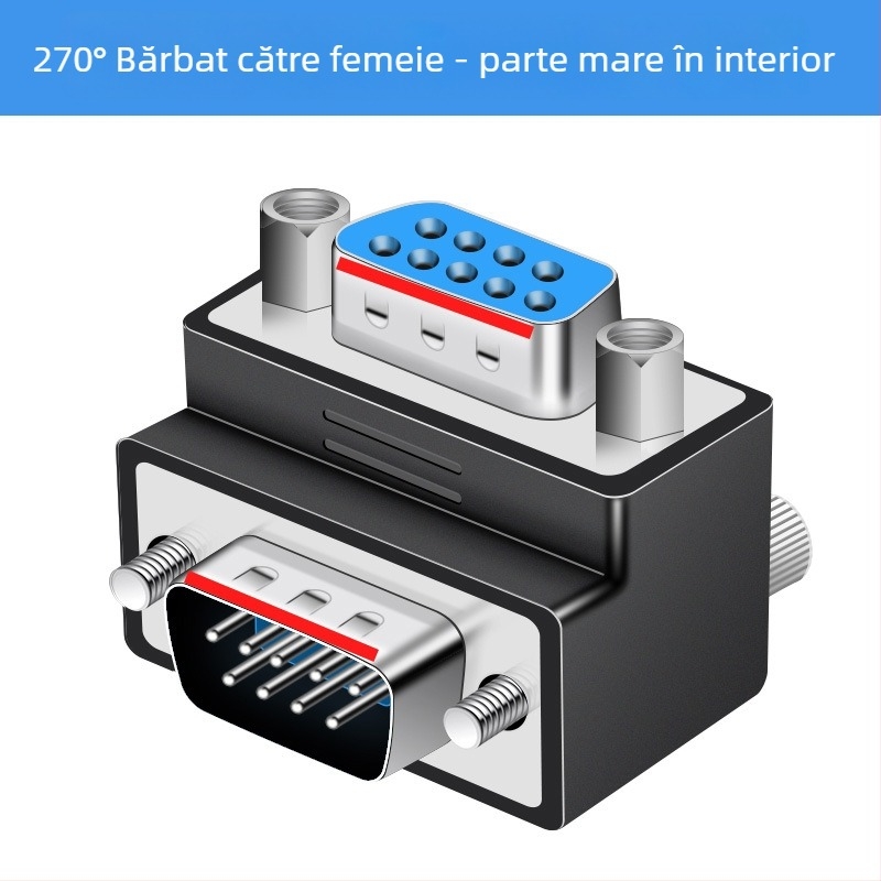 Adaptor DB9 cu conectori multipli: masculin-masculin-feminin-feminin-masculin, unghi drept de 270°, protocol RS232, compatibil Windows 7+ pentru laptopuri și PC-uri