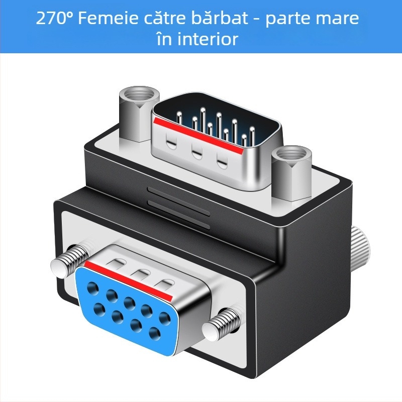 Adaptor DB9 cu conectori multipli: masculin-masculin-feminin-feminin-masculin, unghi drept de 270°, protocol RS232, compatibil Windows 7+ pentru laptopuri și PC-uri