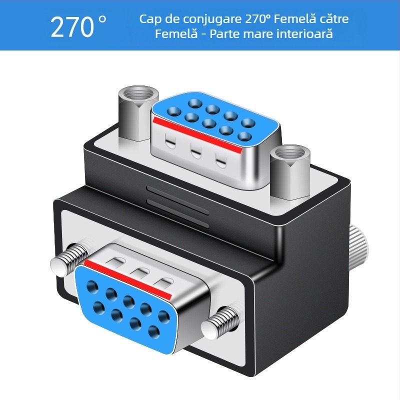 Adaptor DB9 cu conectori multipli: masculin-masculin-feminin-feminin-masculin, unghi drept de 270°, protocol RS232, compatibil Windows 7+ pentru laptopuri și PC-uri