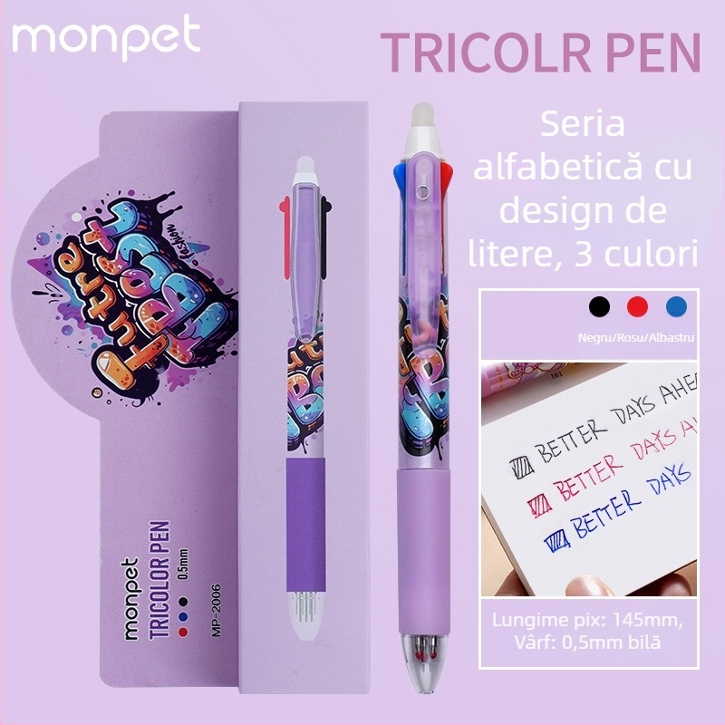 Pix Cartoon cu mecanism de apăsare, vârf tip bilă din oțel inoxidabil, corp din plastic