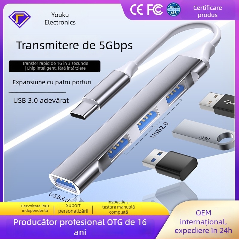 Dock de expansiune Type-C USB cu 4 porturi, USB 2.0, alimentare prin USB