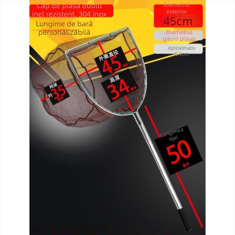 A1R Oțel inoxidabil, tijă lungă, plasă de mână cu inel interior solid și cap de plasă turnată, plasă 0.3