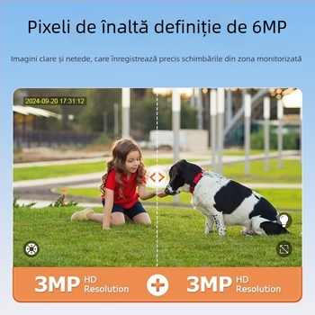 Cameră externă wireless cu două lentile, alimentată solar, impermeabilă, iluminare minimă 0.00 lux, SNR > 30, intervalul de temperatură -30°C până la +60°C.