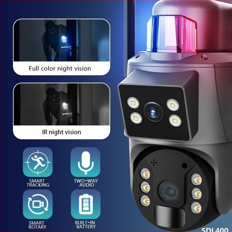 Cameră externă wireless cu două lentile, alimentată solar, impermeabilă, iluminare minimă 0.00 lux, SNR > 30, intervalul de temperatură -30°C până la +60°C.