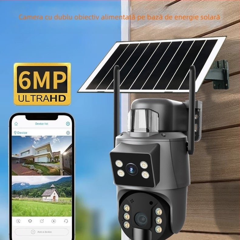Cameră externă wireless cu două lentile, alimentată solar, impermeabilă, iluminare minimă 0.00 lux, SNR > 30, intervalul de temperatură -30°C până la +60°C.