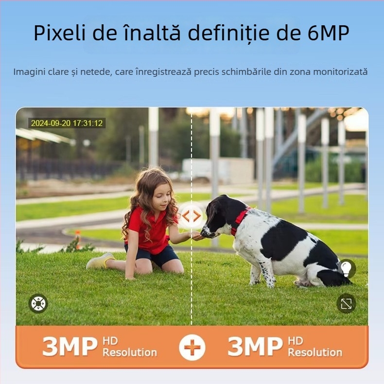 Cameră externă wireless cu două lentile, alimentată solar, impermeabilă, iluminare minimă 0.00 lux, SNR > 30, intervalul de temperatură -30°C până la +60°C.