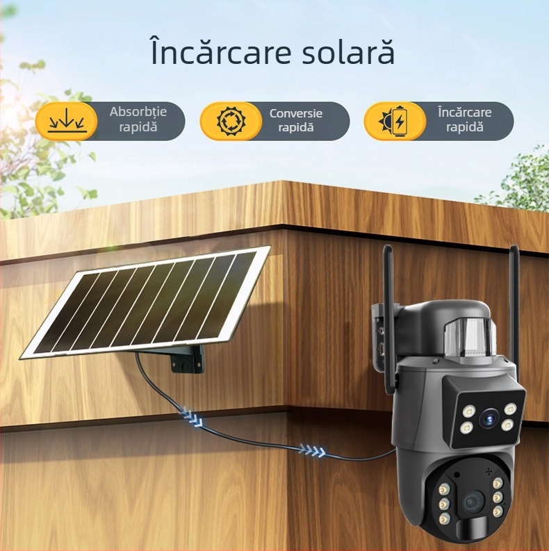 Cameră externă wireless cu două lentile, alimentată solar, impermeabilă, iluminare minimă 0.00 lux, SNR > 30, intervalul de temperatură -30°C până la +60°C.
