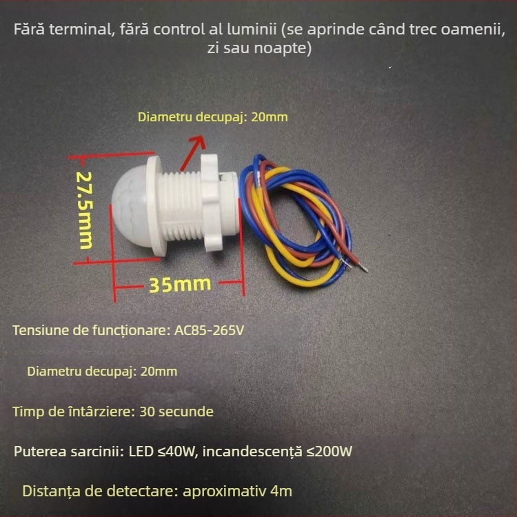 Senzor IR încastrat cu detecție de prezență și controlul luminii în funcție de zi, 85–265V, rază ~4 m, întârziere 30 s