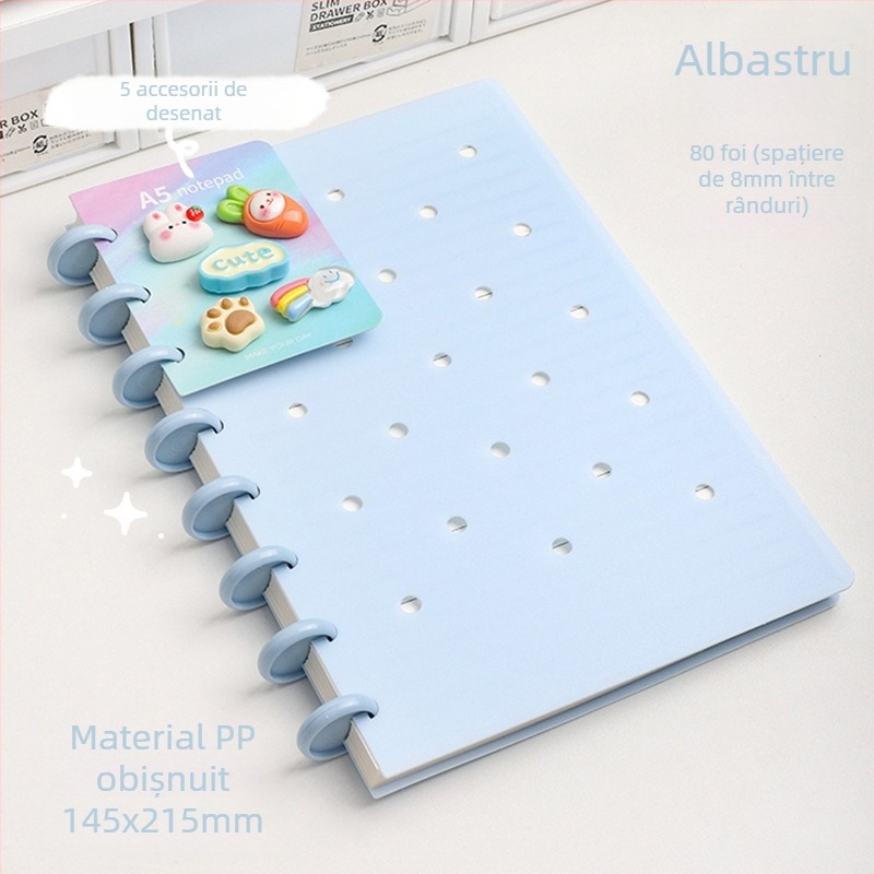 Caiet cu 10 găuri, hârtie offset albă, 80 de foi, pagini interioare personalizabile