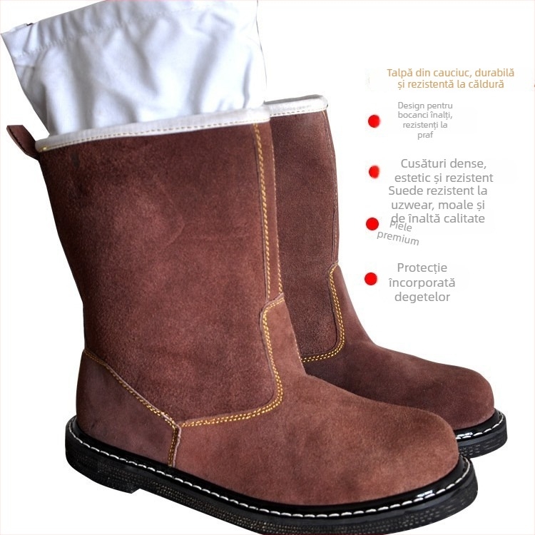 Ghete de protecție pentru muncă, din piele de vită și talpă de cauciuc, înalte, rezistente la temperaturi ridicate, anti-perforație și la ulei, respirabile, pentru toamnă-iarnă; brand Tenganda; utilizare: turnare, prelucrare, praf