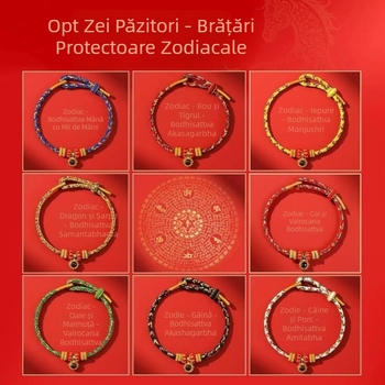 Brățară din cordon, țesută manual, unisex, cu 12 mărgele zodiac micro-sculptate și opt zeități protectoare, 2026 Anul Calului