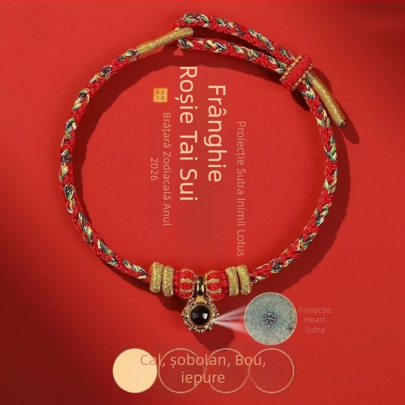 Brățară din cordon, țesută manual, unisex, cu 12 mărgele zodiac micro-sculptate și opt zeități protectoare, 2026 Anul Calului