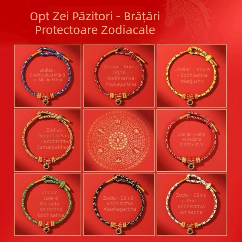 Brățară din cordon, țesută manual, unisex, cu 12 mărgele zodiac micro-sculptate și opt zeități protectoare, 2026 Anul Calului