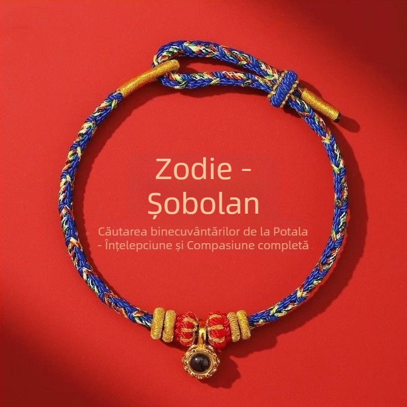 Brățară din cordon, țesută manual, unisex, cu 12 mărgele zodiac micro-sculptate și opt zeități protectoare, 2026 Anul Calului