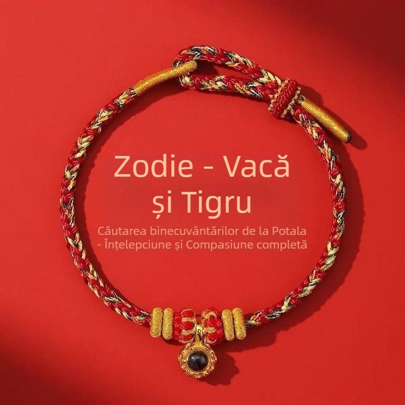 Brățară din cordon, țesută manual, unisex, cu 12 mărgele zodiac micro-sculptate și opt zeități protectoare, 2026 Anul Calului