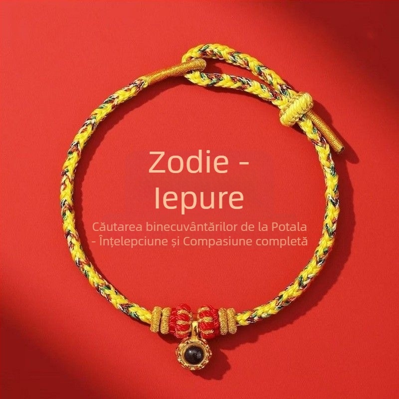 Brățară din cordon, țesută manual, unisex, cu 12 mărgele zodiac micro-sculptate și opt zeități protectoare, 2026 Anul Calului