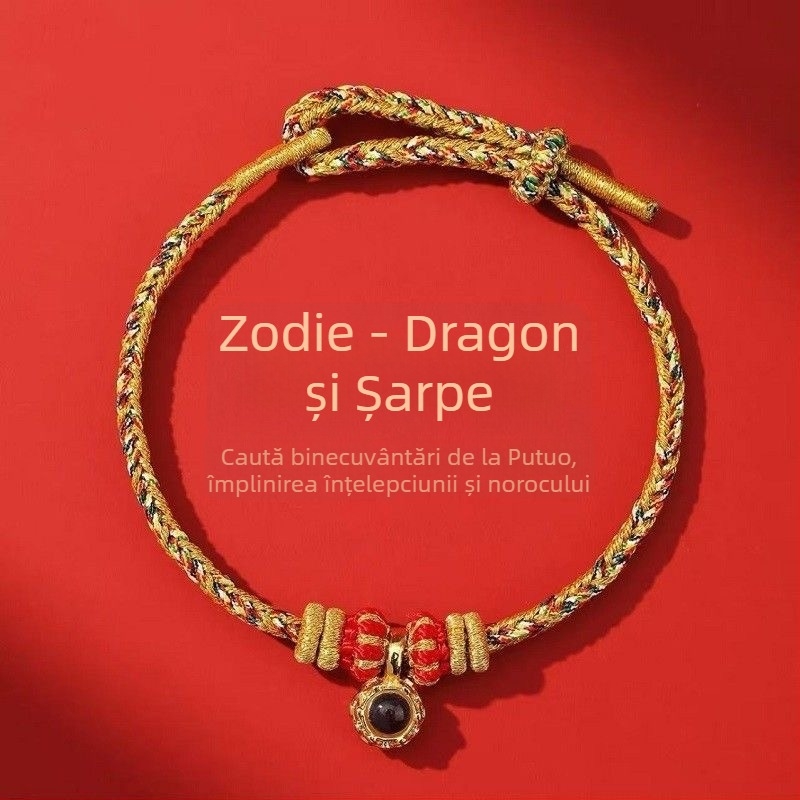 Brățară din cordon, țesută manual, unisex, cu 12 mărgele zodiac micro-sculptate și opt zeități protectoare, 2026 Anul Calului