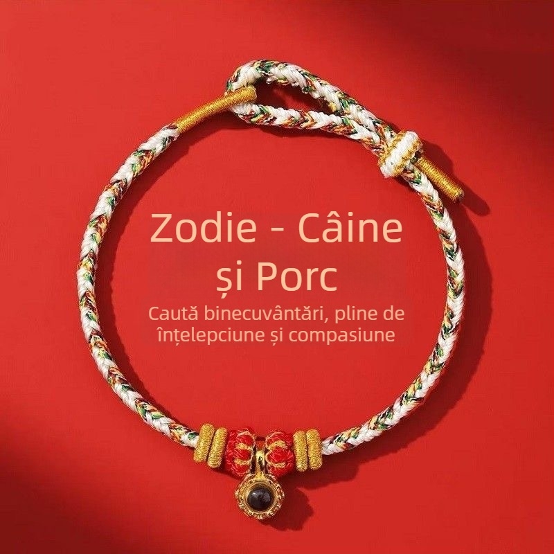 Brățară din cordon, țesută manual, unisex, cu 12 mărgele zodiac micro-sculptate și opt zeități protectoare, 2026 Anul Calului