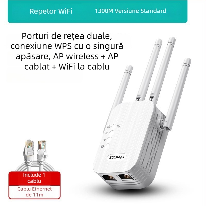 Daerwen Amplificator de semnal WiFi și Repetor fără fir cu router Gigabit prin cablu, 1200 Mbps