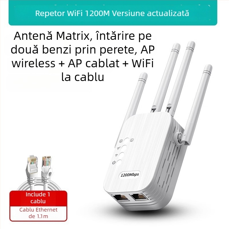 Daerwen Amplificator de semnal WiFi și Repetor fără fir cu router Gigabit prin cablu, 1200 Mbps