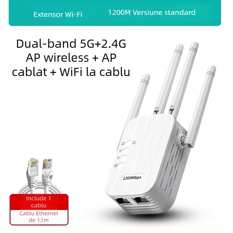 Daerwen Amplificator de semnal WiFi și Repetor fără fir cu router Gigabit prin cablu, 1200 Mbps