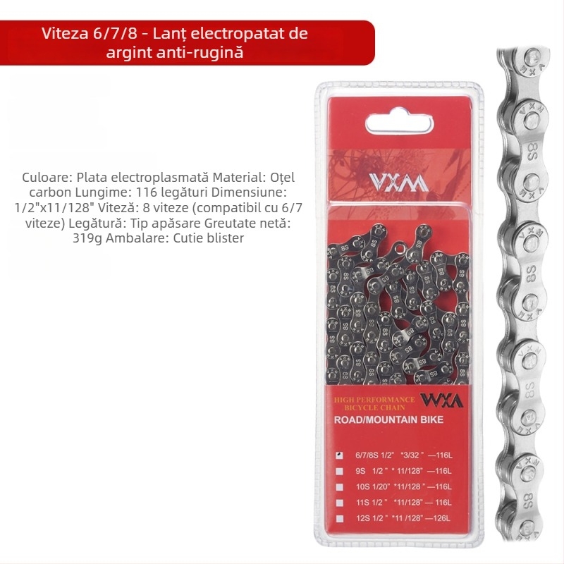 Lanț de bicicletă pentru munte și drum, 8 viteze, Secțiune 116, Pas 7.2, Oțel carbon