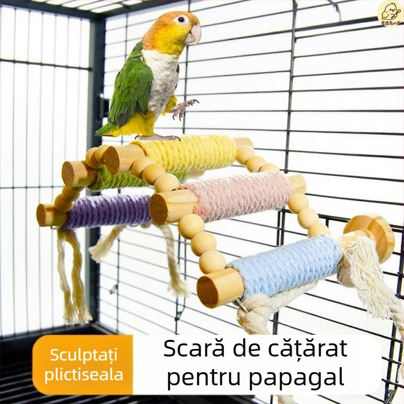 Scară de cățărare pentru papagal — lemn masiv cu frânghie din cânepă, design macaron — Accesorii pentru cuști pentru păsări adulte