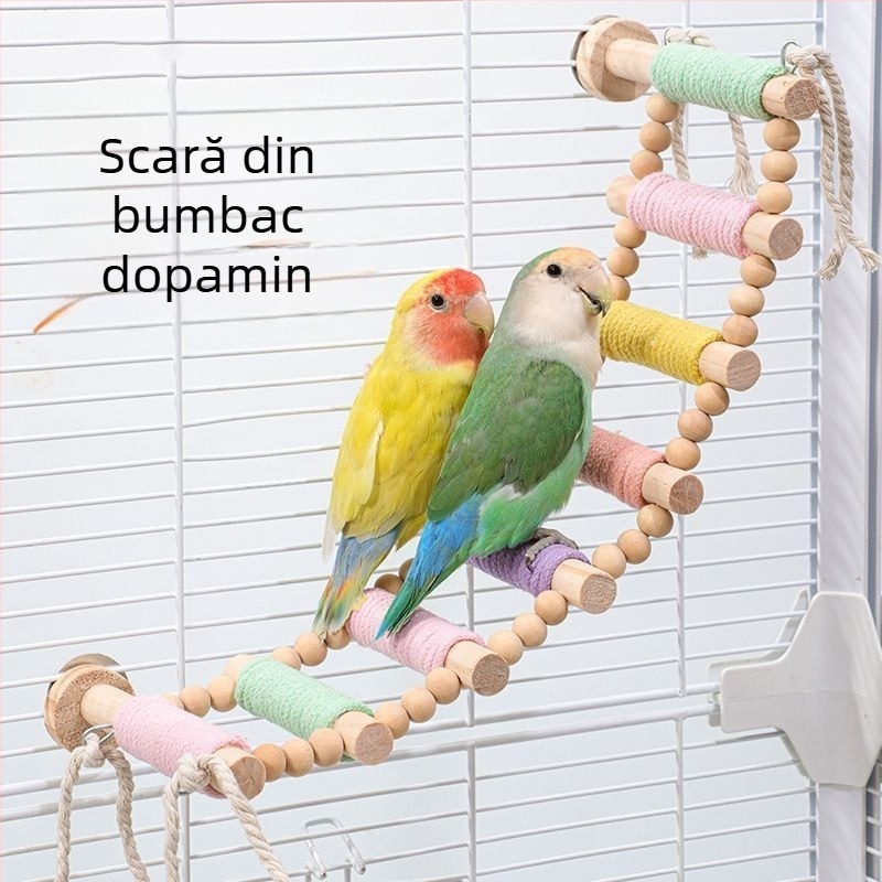 Scară de cățărare pentru papagal — lemn masiv cu frânghie din cânepă, design macaron — Accesorii pentru cuști pentru păsări adulte