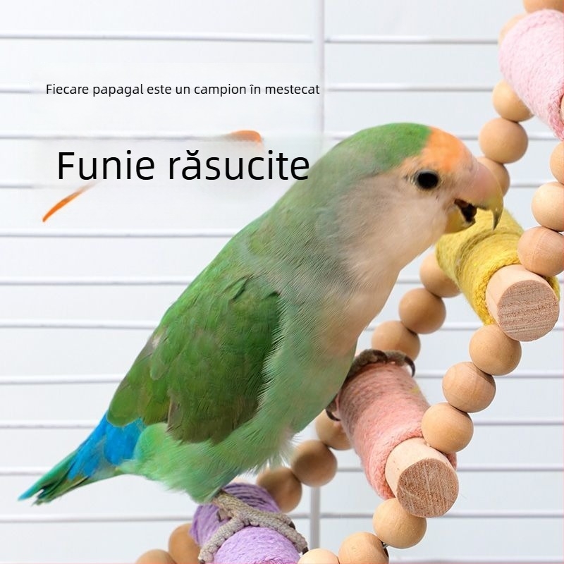 Scară de cățărare pentru papagal — lemn masiv cu frânghie din cânepă, design macaron — Accesorii pentru cuști pentru păsări adulte
