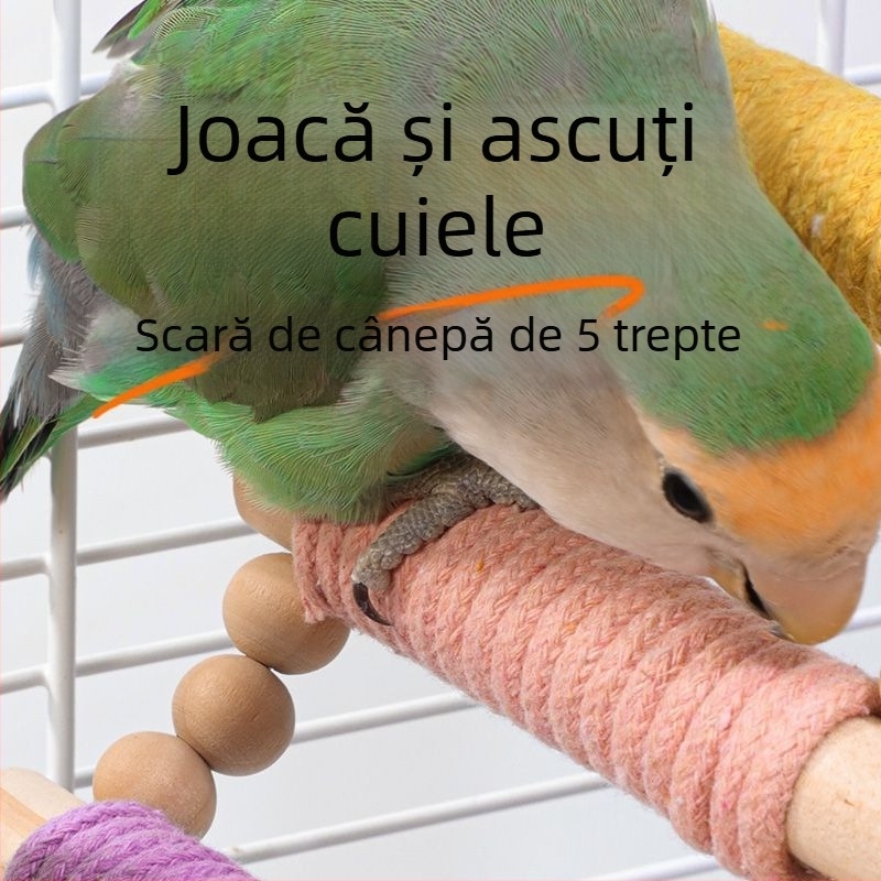 Scară de cățărare pentru papagal — lemn masiv cu frânghie din cânepă, design macaron — Accesorii pentru cuști pentru păsări adulte