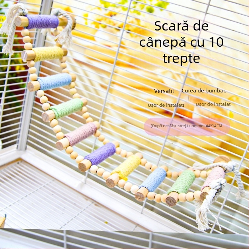 Scară de cățărare pentru papagal — lemn masiv cu frânghie din cânepă, design macaron — Accesorii pentru cuști pentru păsări adulte