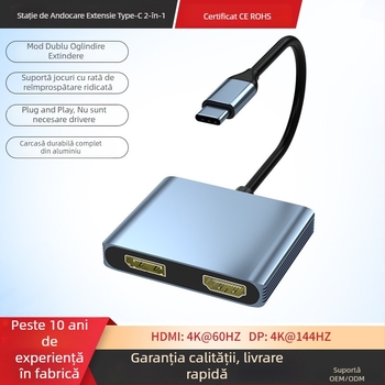 Stație docking USB-C cu HDMI/DP, divizor MST 4K 144 Hz pentru PC gaming