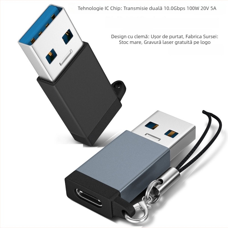 Adaptor USB 3.0 male către USB-C 3.1 female pentru transfer de date și încărcare rapidă; interfață USB-C; sincronizare OTG; până la 10 Gbps transfer de date; până la 100W încărcare (20V/5A); compatibil cu laptop, PC, încărcător, Power Bank, Quest Link