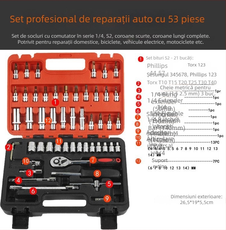 Set de scule pentru reparații auto, 108 piese, cu oțel carbon, cutie din plastic, 1,6 kg, model 108, pentru întreținere auto, biciclete și uz casnic