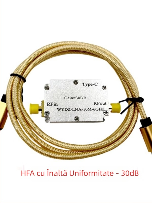Amplificator RF cu răspuns foarte plat, interval 10 MHz–6 GHz, câștig 10/20/30/40 dB, pentru emisie sau recepție de semnal