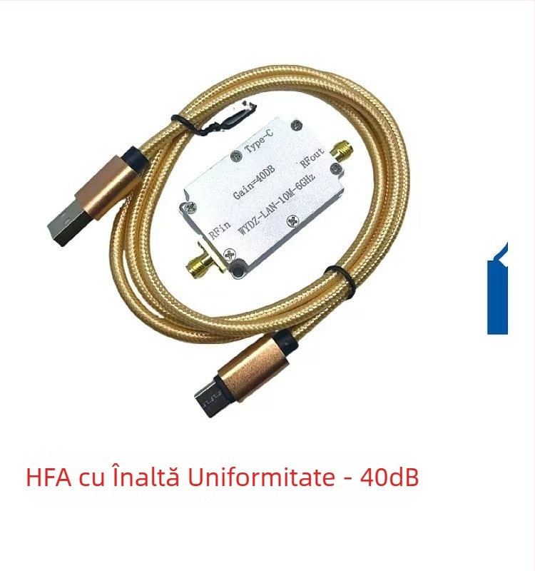 Amplificator RF cu răspuns foarte plat, interval 10 MHz–6 GHz, câștig 10/20/30/40 dB, pentru emisie sau recepție de semnal