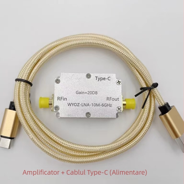 Amplificator RF cu răspuns foarte plat, interval 10 MHz–6 GHz, câștig 10/20/30/40 dB, pentru emisie sau recepție de semnal
