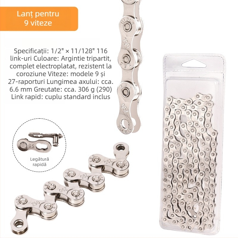 Lanț de bicicletă Meilong 002 pentru MTB și biciclete de șosea, compatibil cu 8–11 viteze, construcție metalică