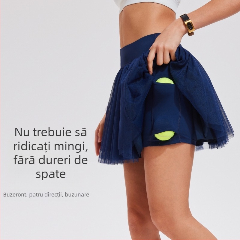 Fustă tenis feminină cu căptușeală și șorturi din plasă cu două straturi (Stil inferior: fustă scurtă; Captuseală: nailon; Material exterior: poliester; Grupă de vârstă: adulți; Anul: 2025)