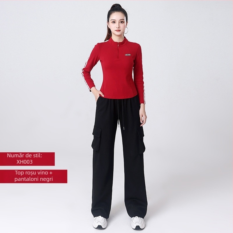 Set de dans pătrat pentru femei — Bluza cu mâneci lungi, fermoar parțial și pantaloni, bumbac 92%, potrivit primăvara, toamna și iarna